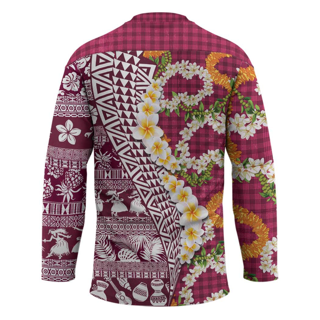Hawaiian Plumeria Lei Hockey Jersey Kakau Motifs and Palaka Half Style Pink Color - Polynesian Pride