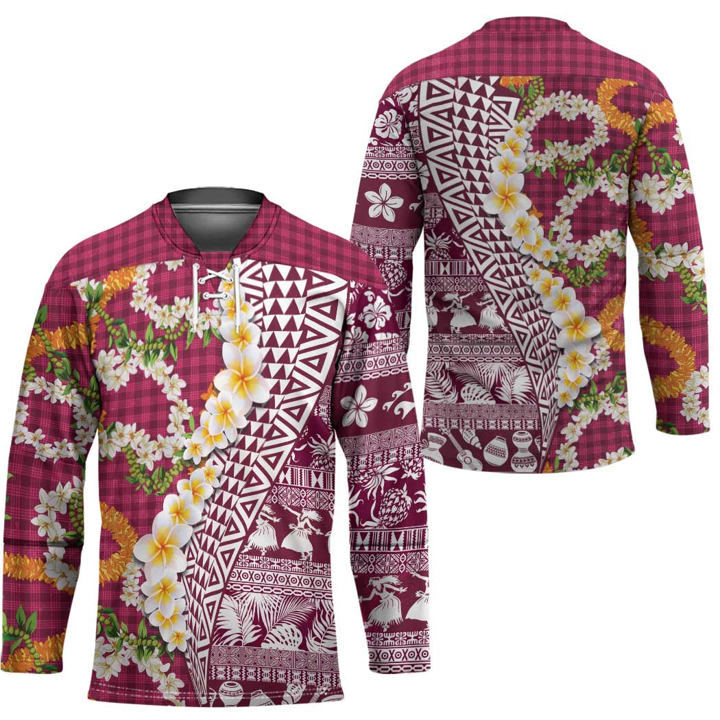 Hawaiian Plumeria Lei Hockey Jersey Kakau Motifs and Palaka Half Style Pink Color - Polynesian Pride