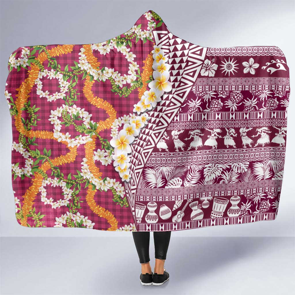 Hawaiian Plumeria Lei Hooded Blanket Kakau Motifs and Palaka Half Style Pink Color - Polynesian Pride