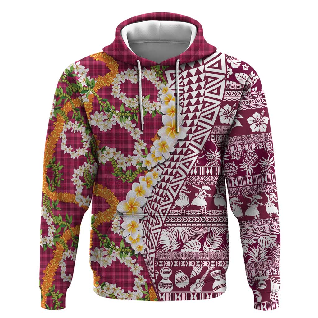 Hawaiian Plumeria Lei Hoodie Kakau Motifs and Palaka Half Style Pink Color - Polynesian Pride