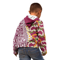Hawaiian Plumeria Lei Kid Hoodie Kakau Motifs and Palaka Half Style Pink Color - Polynesian Pride
