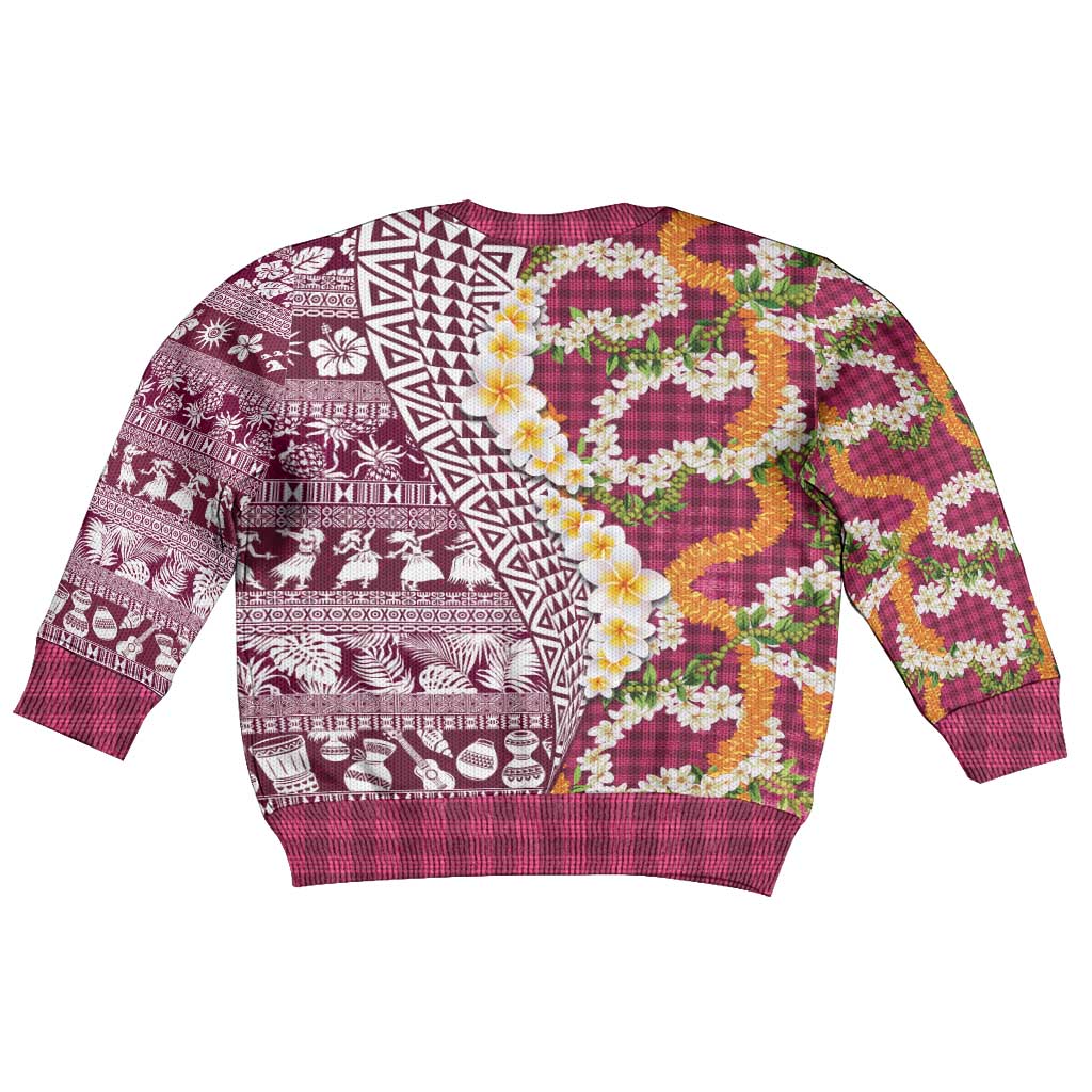 Hawaiian Plumeria Lei Kid Ugly Christmas Sweater Kakau Motifs and Palaka Half Style Pink Color - Polynesian Pride