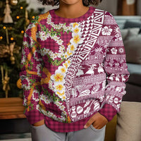 Hawaiian Plumeria Lei Kid Ugly Christmas Sweater Kakau Motifs and Palaka Half Style Pink Color - Polynesian Pride