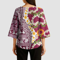 Hawaiian Plumeria Lei Kimono Sleeve Blouse Kakau Motifs and Palaka Half Style Pink Color - Polynesian Pride