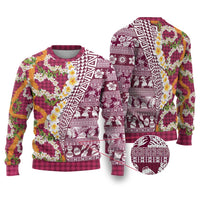 Hawaiian Plumeria Lei Ugly Christmas Sweater Kakau Motifs and Palaka Half Style Pink Color - Polynesian Pride