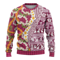 Hawaiian Plumeria Lei Ugly Christmas Sweater Kakau Motifs and Palaka Half Style Pink Color - Polynesian Pride