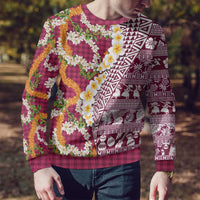 Hawaiian Plumeria Lei Ugly Christmas Sweater Kakau Motifs and Palaka Half Style Pink Color - Polynesian Pride