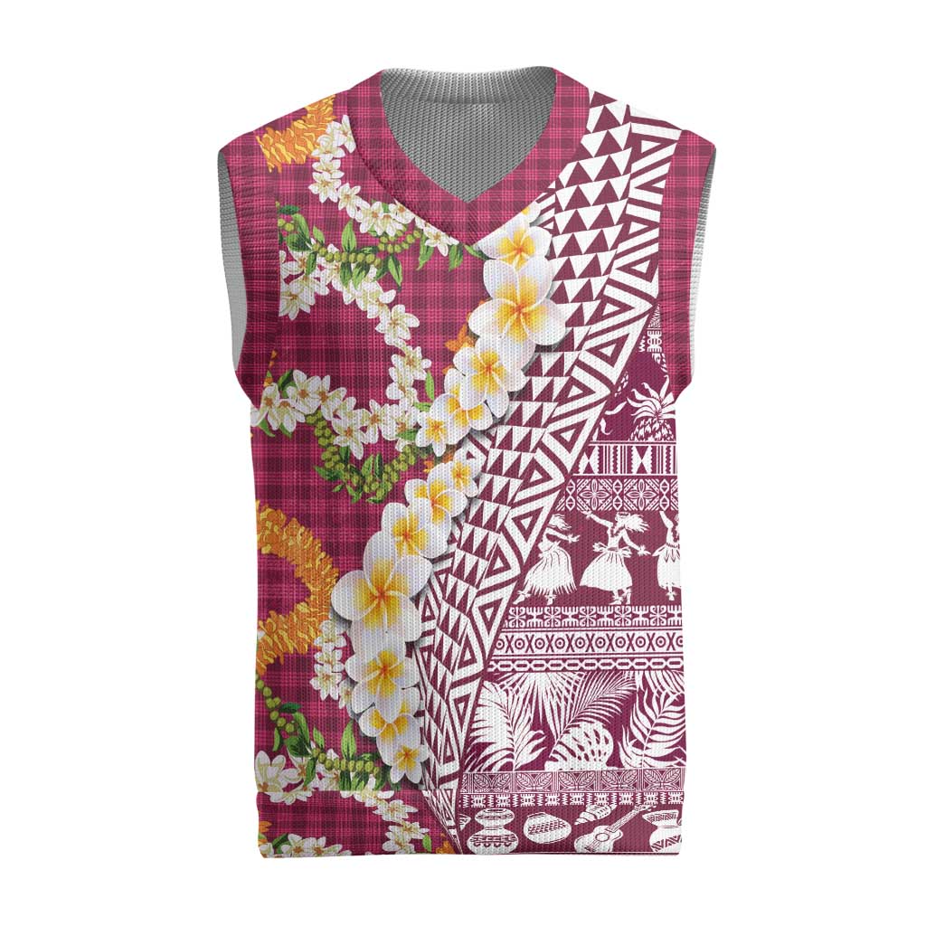 Hawaiian Plumeria Lei Christmas Knitted V-Neck Vest Kakau Motifs and Palaka Half Style Pink Color - Polynesian Pride
