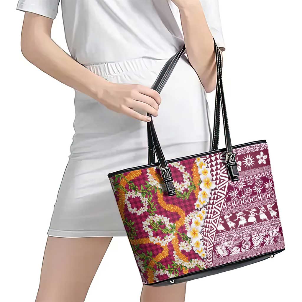 Hawaiian Plumeria Lei Leather Tote Bag Kakau Motifs and Palaka Half Style Pink Color - Polynesian Pride