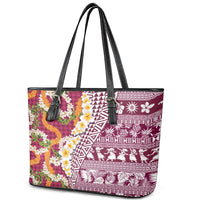 Hawaiian Plumeria Lei Leather Tote Bag Kakau Motifs and Palaka Half Style Pink Color - Polynesian Pride