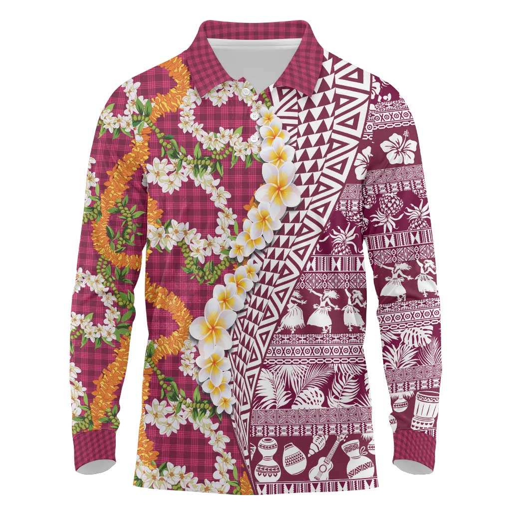 Hawaiian Plumeria Lei Long Sleeve Polo Shirt Kakau Motifs and Palaka Half Style Pink Color - Polynesian Pride