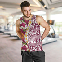 Hawaiian Plumeria Lei Men Tank Top Kakau Motifs and Palaka Half Style Pink Color - Polynesian Pride