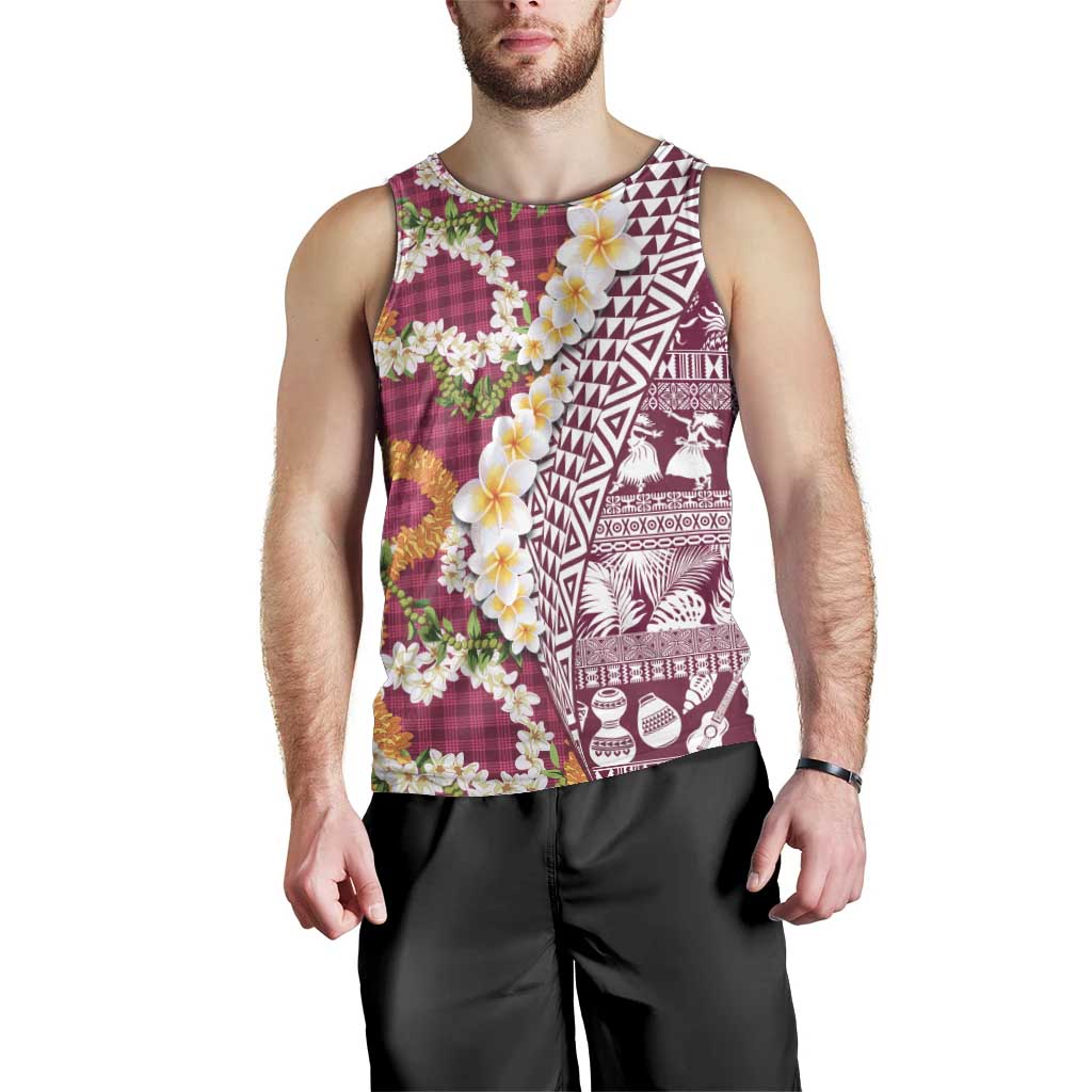 Hawaiian Plumeria Lei Men Tank Top Kakau Motifs and Palaka Half Style Pink Color - Polynesian Pride