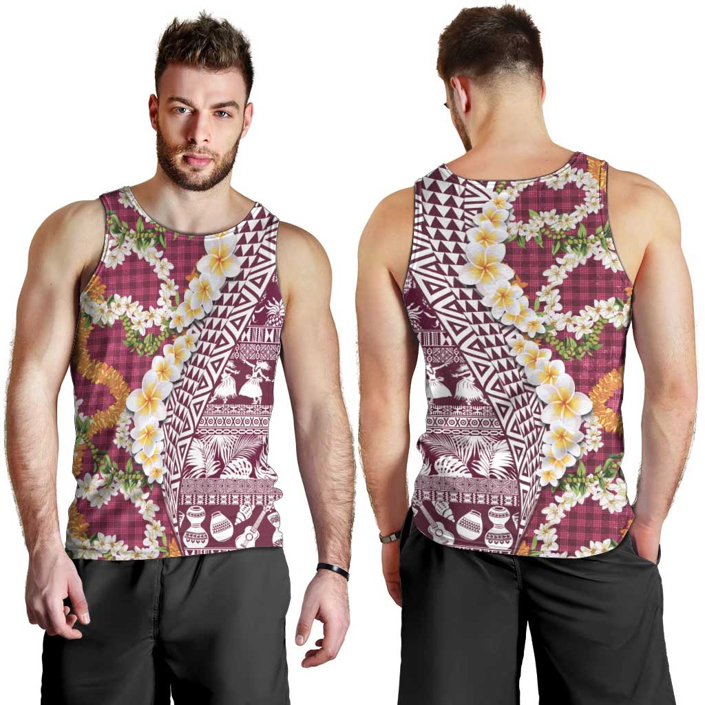 Hawaiian Plumeria Lei Men Tank Top Kakau Motifs and Palaka Half Style Pink Color - Polynesian Pride