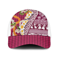 Hawaiian Plumeria Lei Mesh Trucker Cap Kakau Motifs and Palaka Half Style Pink Color - Polynesian Pride