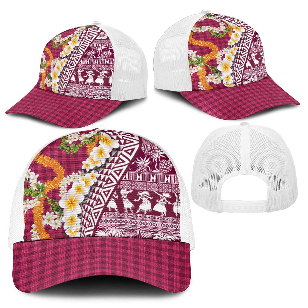 Hawaiian Plumeria Lei Mesh Trucker Cap Kakau Motifs and Palaka Half Style Pink Color - Polynesian Pride