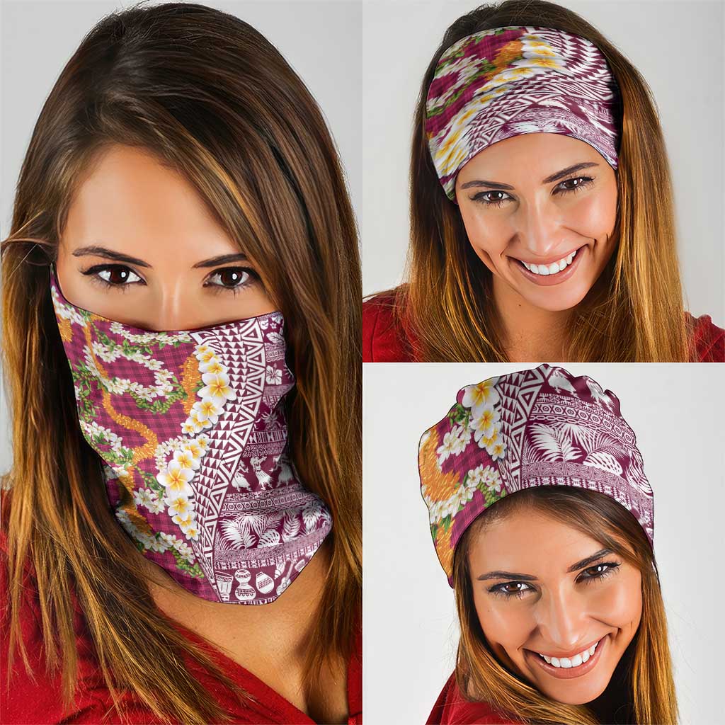 Hawaiian Plumeria Lei Neck Gaiter Kakau Motifs and Palaka Half Style Pink Color - Polynesian Pride