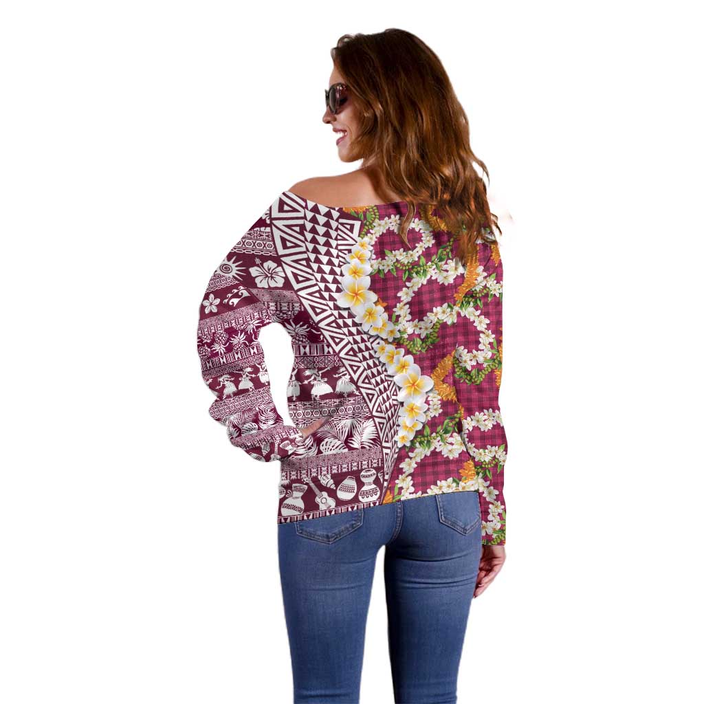 Hawaiian Plumeria Lei Off Shoulder Sweater Kakau Motifs and Palaka Half Style Pink Color - Polynesian Pride