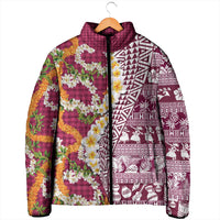 Hawaiian Plumeria Lei Padded Jacket Kakau Motifs and Palaka Half Style Pink Color - Polynesian Pride