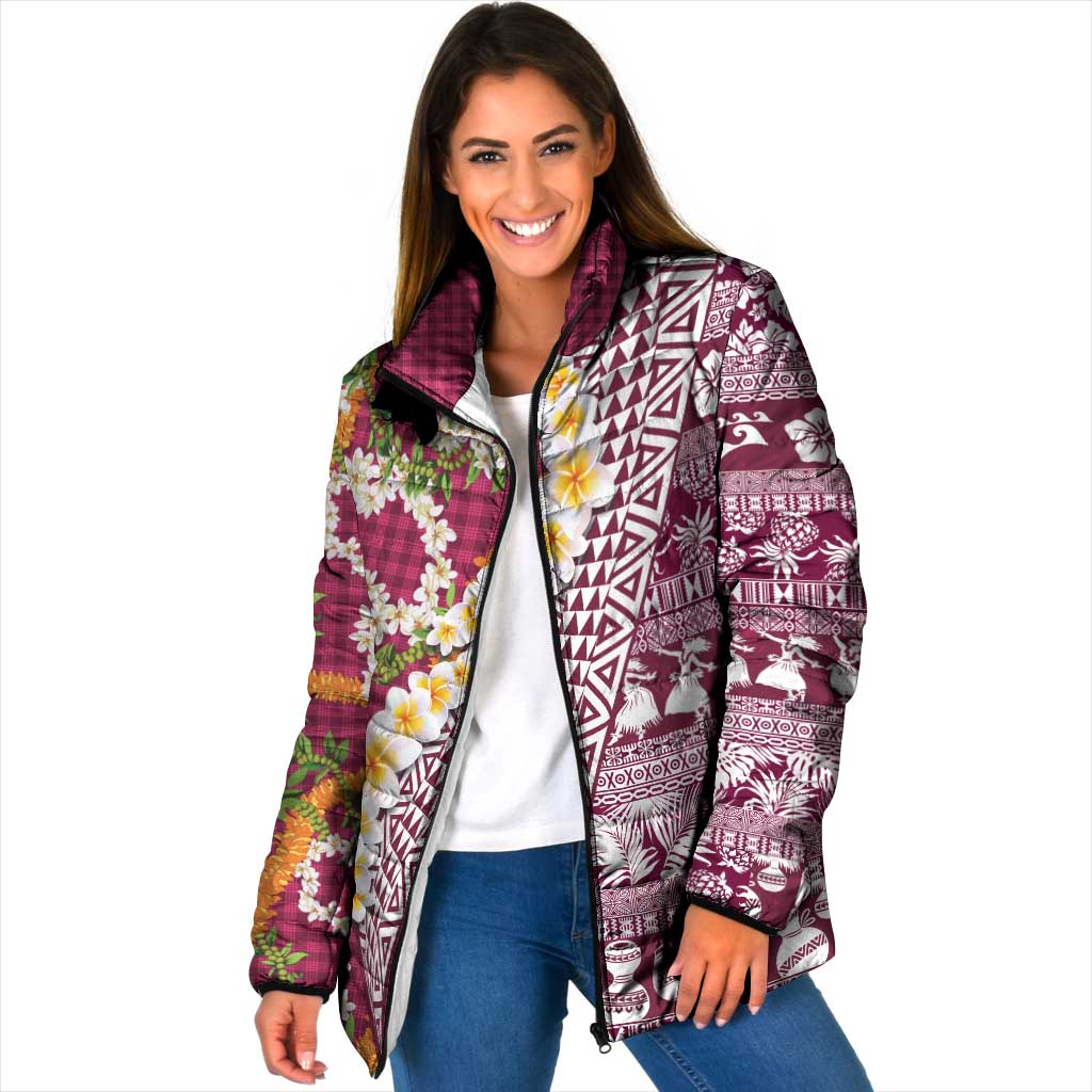 Hawaiian Plumeria Lei Padded Jacket Kakau Motifs and Palaka Half Style Pink Color - Polynesian Pride