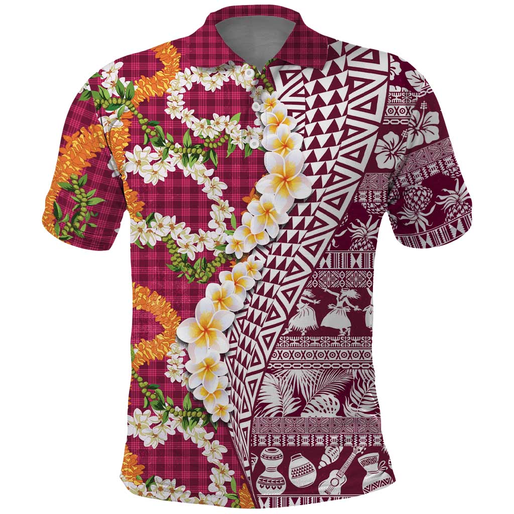 Hawaiian Plumeria Lei Polo Shirt Kakau Motifs and Palaka Half Style Pink Color - Polynesian Pride
