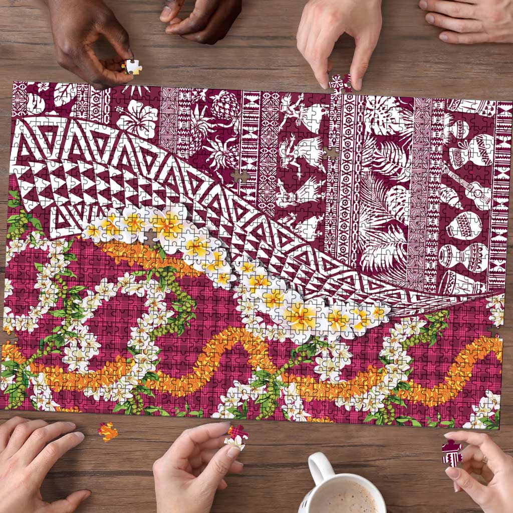 Hawaiian Plumeria Lei Puzzle Kakau Motifs and Palaka Half Style Pink Color - Polynesian Pride