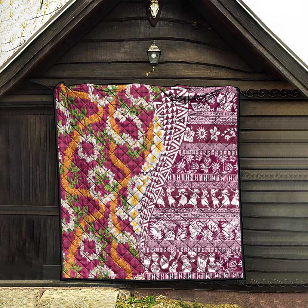 Hawaiian Plumeria Lei Quilt Kakau Motifs and Palaka Half Style Pink Color - Polynesian Pride