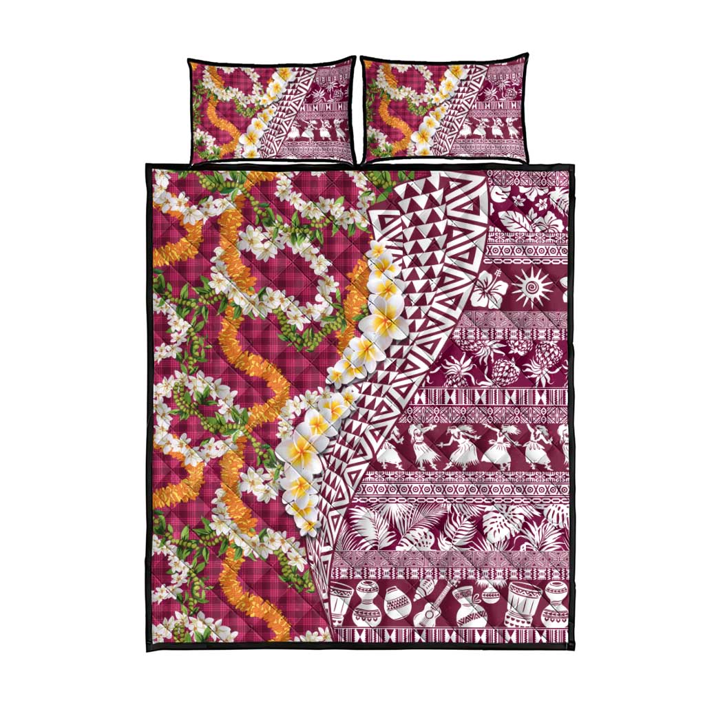 Hawaiian Plumeria Lei Quilt Bed Set Kakau Motifs and Palaka Half Style Pink Color - Polynesian Pride