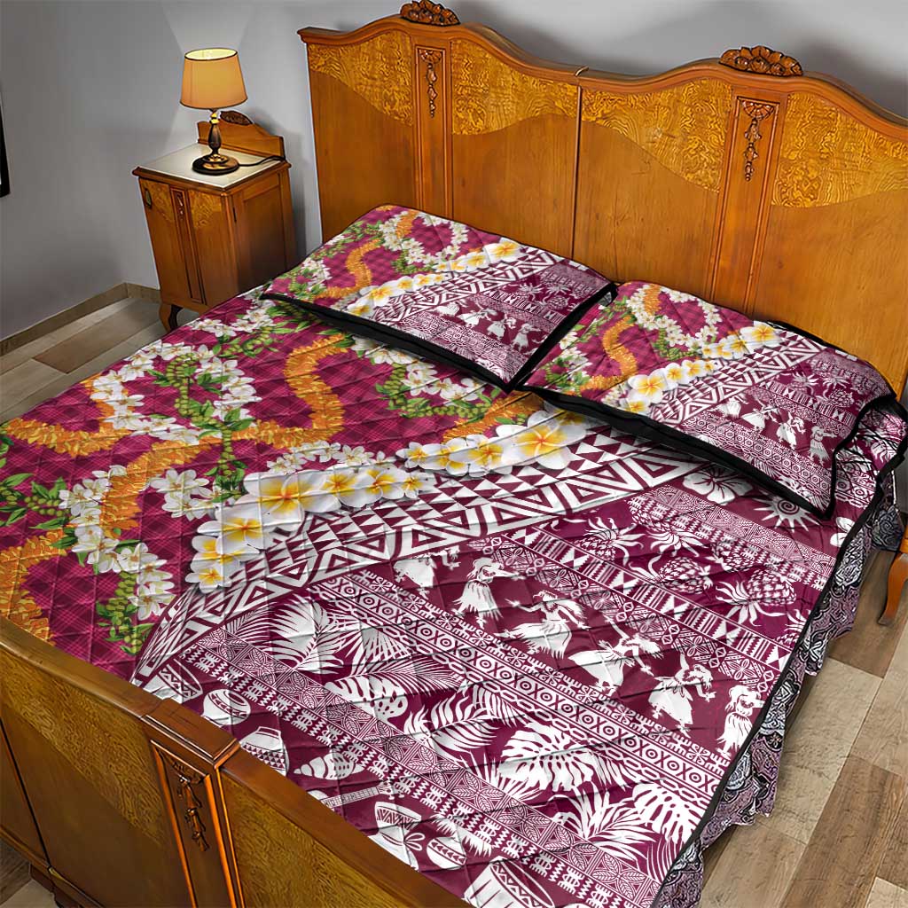 Hawaiian Plumeria Lei Quilt Bed Set Kakau Motifs and Palaka Half Style Pink Color - Polynesian Pride