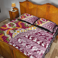 Hawaiian Plumeria Lei Quilt Bed Set Kakau Motifs and Palaka Half Style Pink Color - Polynesian Pride
