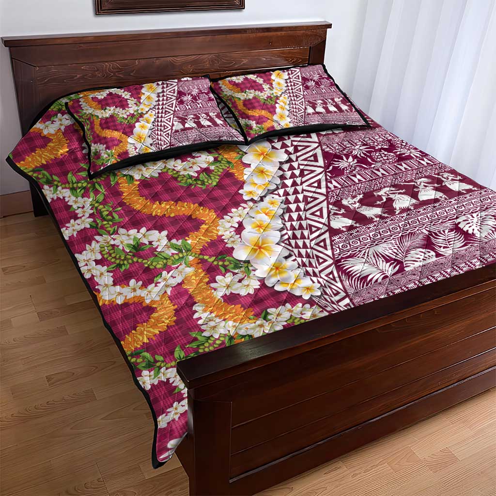 Hawaiian Plumeria Lei Quilt Bed Set Kakau Motifs and Palaka Half Style Pink Color - Polynesian Pride