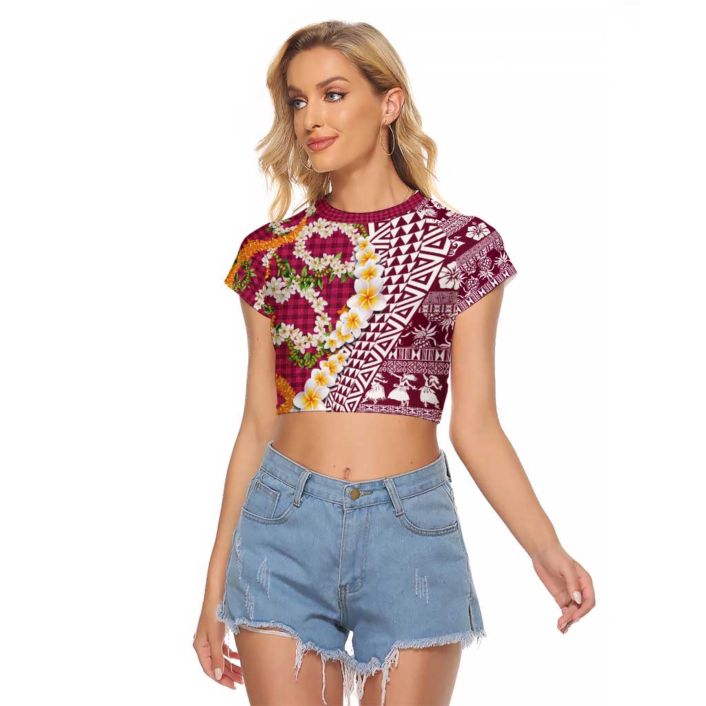 Hawaiian Plumeria Lei Raglan Cropped T Shirt Kakau Motifs and Palaka Half Style Pink Color - Polynesian Pride