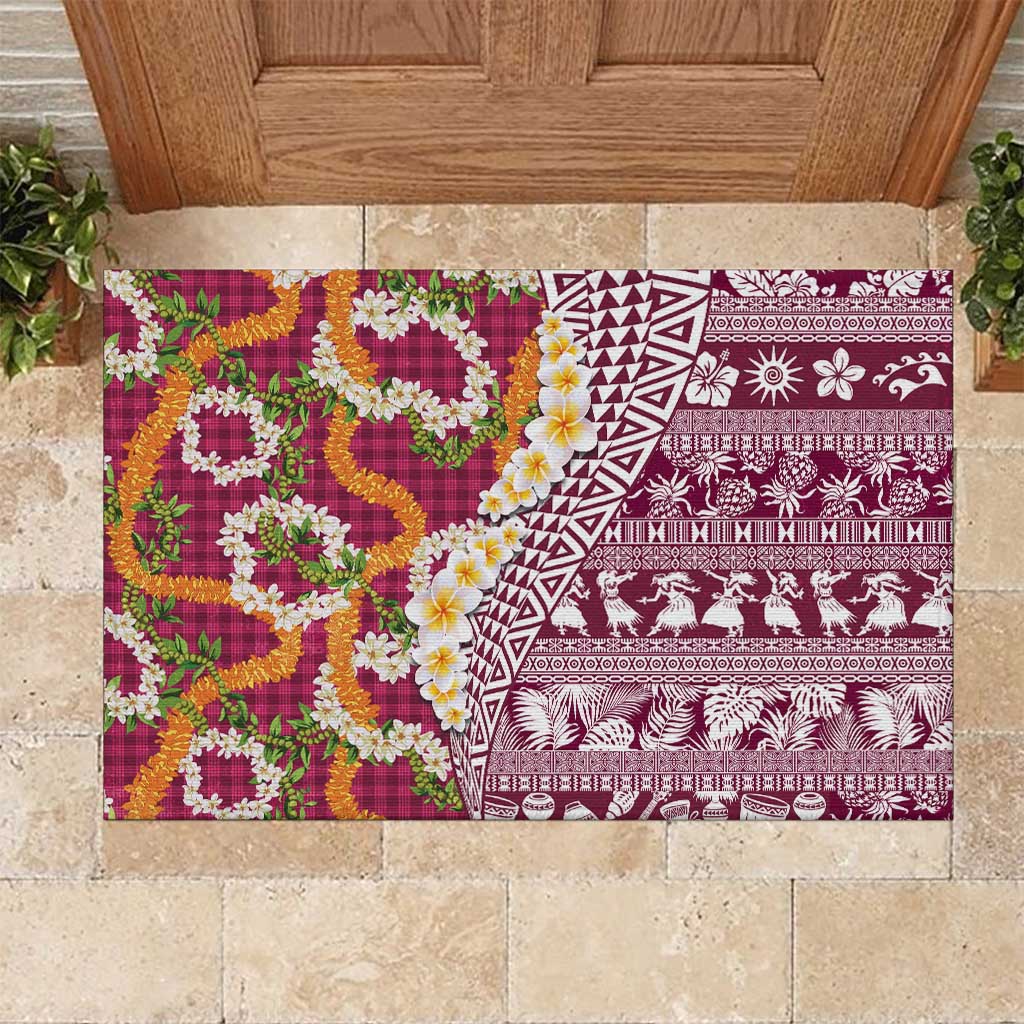 Hawaiian Plumeria Lei Rubber Doormat Kakau Motifs and Palaka Half Style Pink Color - Polynesian Pride