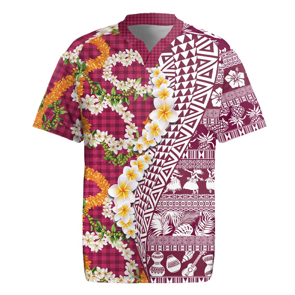 Hawaiian Plumeria Lei Rugby Jersey Kakau Motifs and Palaka Half Style Pink Color - Polynesian Pride