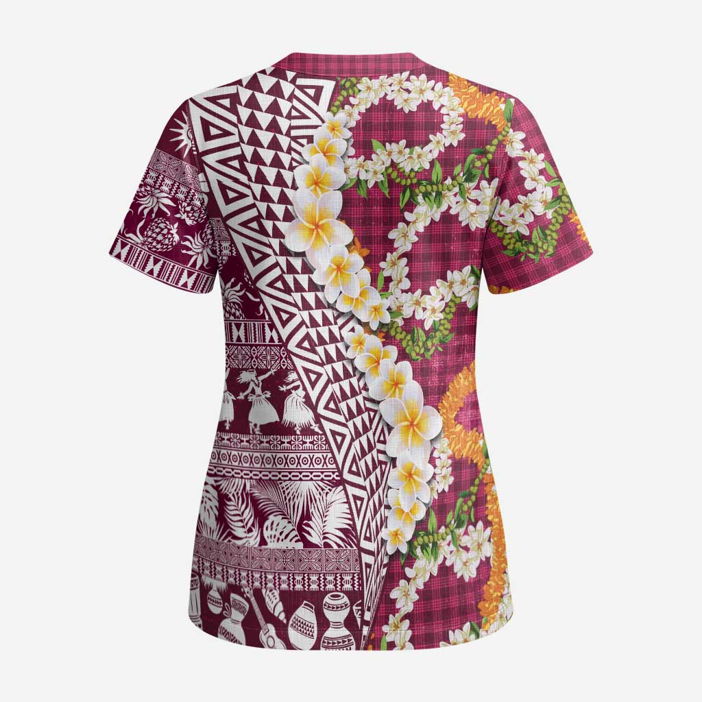 Hawaiian Plumeria Lei Scrub Top Kakau Motifs and Palaka Half Style Pink Color - Polynesian Pride
