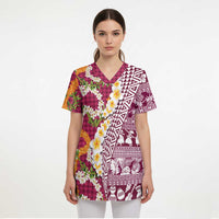 Hawaiian Plumeria Lei Scrub Top Kakau Motifs and Palaka Half Style Pink Color - Polynesian Pride