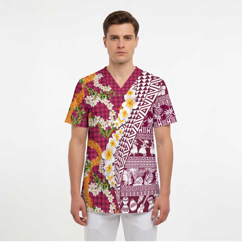 Hawaiian Plumeria Lei Scrub Top Kakau Motifs and Palaka Half Style Pink Color - Polynesian Pride