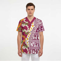 Hawaiian Plumeria Lei Scrub Top Kakau Motifs and Palaka Half Style Pink Color - Polynesian Pride