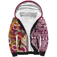Hawaiian Plumeria Lei Sherpa Hoodie Kakau Motifs and Palaka Half Style Pink Color - Polynesian Pride