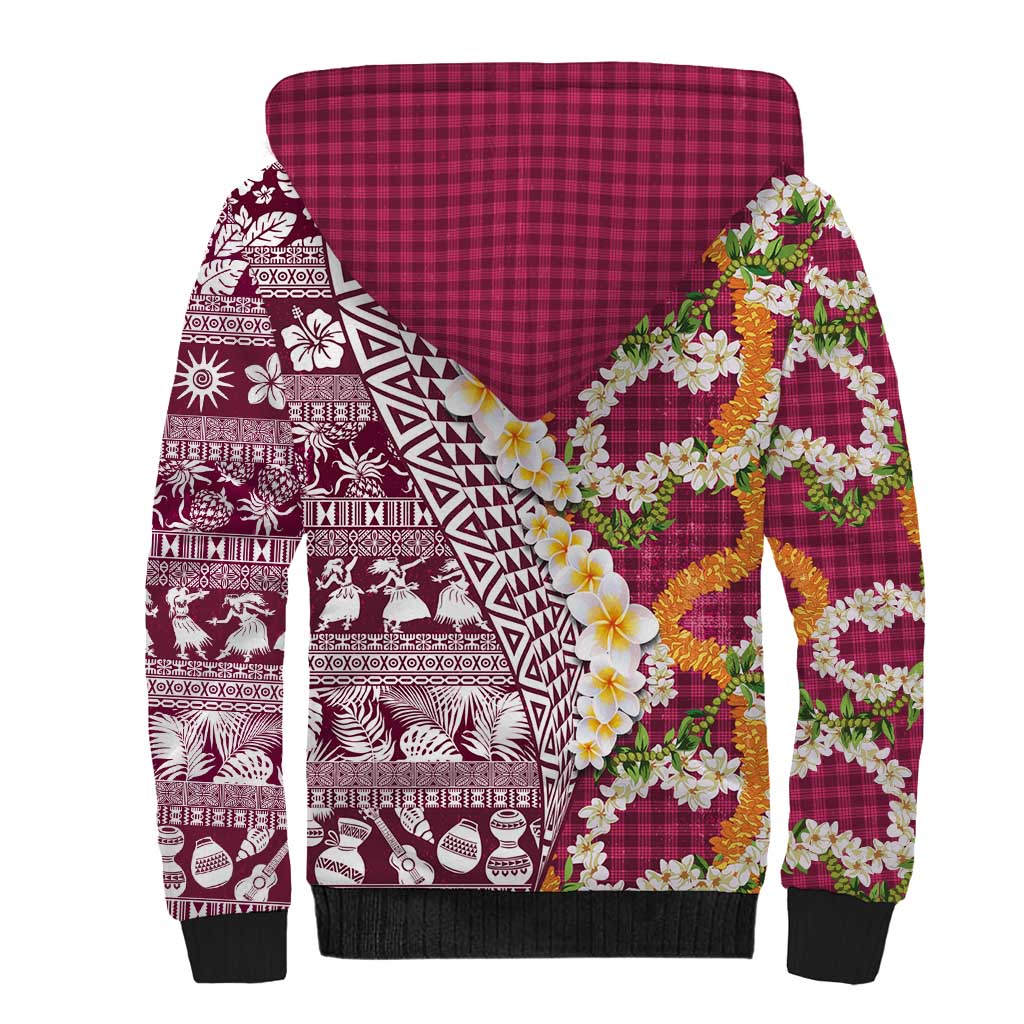 Hawaiian Plumeria Lei Sherpa Hoodie Kakau Motifs and Palaka Half Style Pink Color - Polynesian Pride