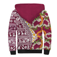 Hawaiian Plumeria Lei Sherpa Hoodie Kakau Motifs and Palaka Half Style Pink Color - Polynesian Pride