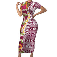 Hawaiian Plumeria Lei Short Sleeve Bodycon Dress Kakau Motifs and Palaka Half Style Pink Color - Polynesian Pride