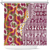 Hawaiian Plumeria Lei Shower Curtain Kakau Motifs and Palaka Half Style Pink Color - Polynesian Pride