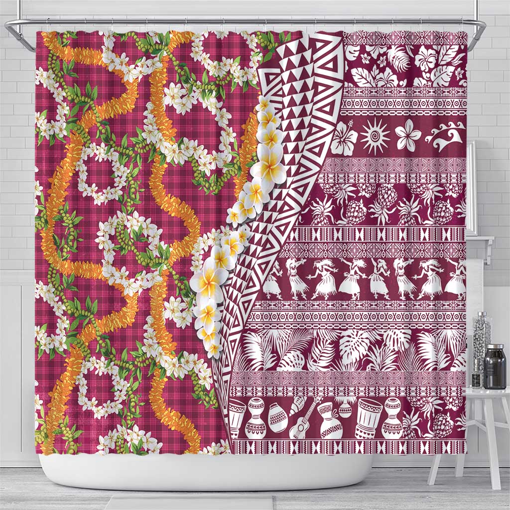 Hawaiian Plumeria Lei Shower Curtain Kakau Motifs and Palaka Half Style Pink Color - Polynesian Pride