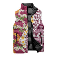 Hawaiian Plumeria Lei Sleeveless Puffer Jacket Kakau Motifs and Palaka Half Style Pink Color - Polynesian Pride