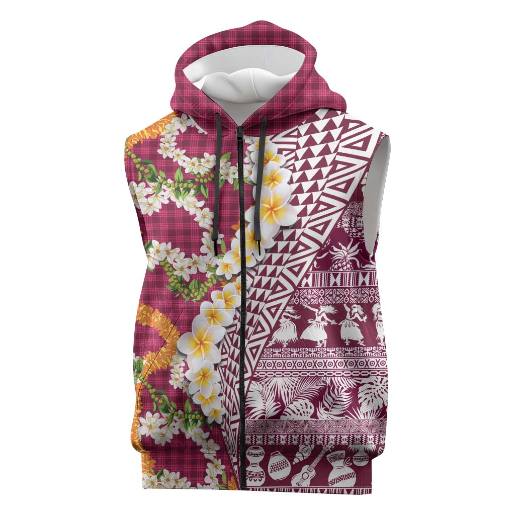 Hawaiian Plumeria Lei Sleeveless Zip Hoodie Kakau Motifs and Palaka Half Style Pink Color - Polynesian Pride