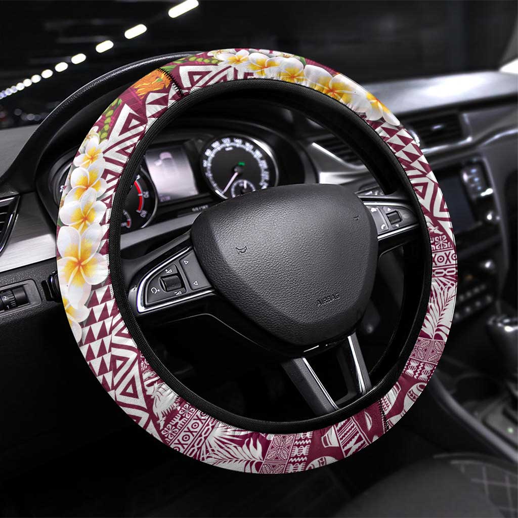 Hawaiian Plumeria Lei Steering Wheel Cover Kakau Motifs and Palaka Half Style Pink Color - Polynesian Pride