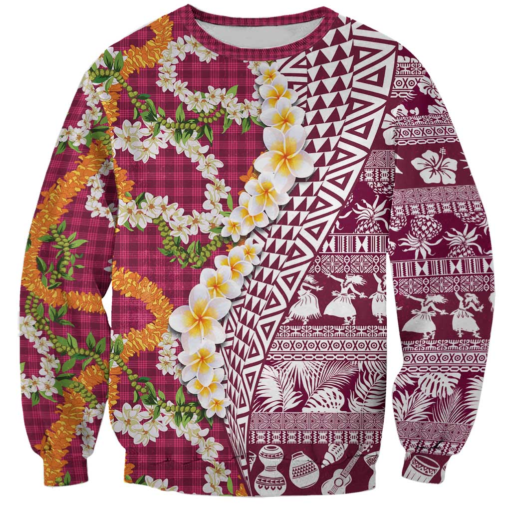 Hawaiian Plumeria Lei Sweatshirt Kakau Motifs and Palaka Half Style Pink Color - Polynesian Pride