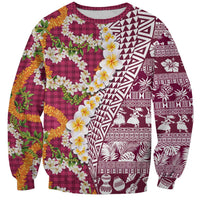 Hawaiian Plumeria Lei Sweatshirt Kakau Motifs and Palaka Half Style Pink Color - Polynesian Pride
