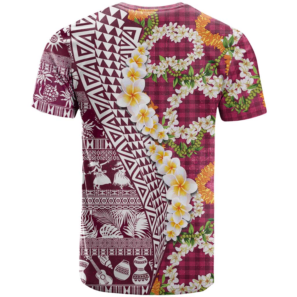 Hawaiian Plumeria Lei T Shirt Kakau Motifs and Palaka Half Style Pink Color - Polynesian Pride